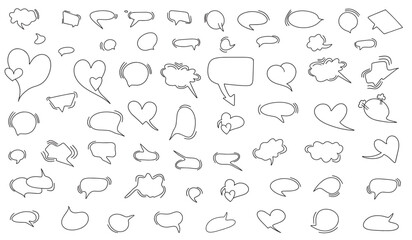 Huge set of dialog boxes, hand drawn variants of different shapes. Trendy Collection of speech bubbles, dialogue, doodle style design on white background