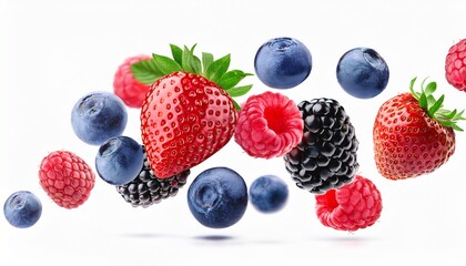 falling wild berries mix strawberry raspberry blueberry blackberry isolated on white