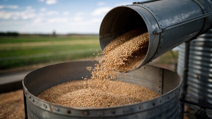 Close-up of golden grain pouring from a metal silo chute on a farm. Agricultural grain handling and storage concept.