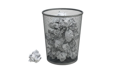 Isolated Wire Trash Can Filled with Crumpled Paper