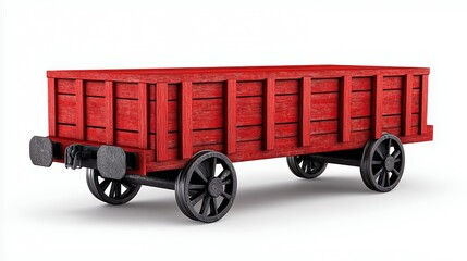 Weathered Red Wooden Mining Cart on White Background, Generative AI.