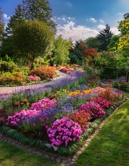 Lush Green Garden with Vibrant Flowers