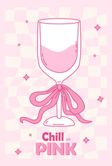 Pink Vintage Coquette Glass Cocktail with Ribbon Bow. Aesthetic Drink on Groovy Twisted Checkered Background. Romantic Girly Vibe. Vector illustration. Trendy card with Motivational Quote Slogan