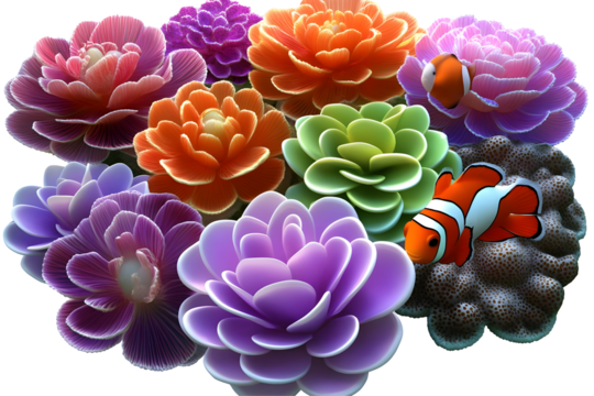 Colorful Illustration Of Clownfish And Flowers On Transparent Background