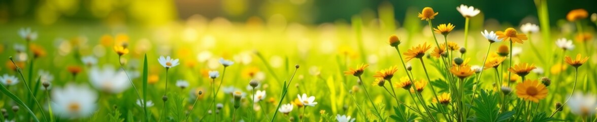 A beautiful field of wildflowers with lush green grass and sunlight filtering through, field, springtime