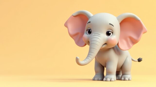 cute cartoon elephant with big ears standing against pastel yellow background. concept of childhood fun and imagination. nursery decor, children's book illustration with copy space