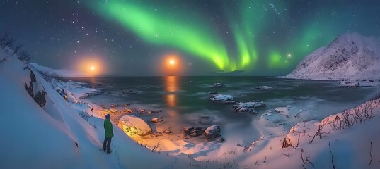 Northern lights  A wide-angle shot of dazzling auroras dancing over a snowy landscape