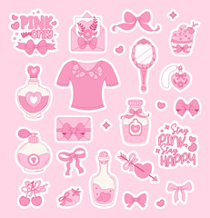 Vintage Pink Coquette Stickers set. Romantic Girly Vibe. Magic Bottle, Perfume, Ribbon Bow, Mirror, Pendant, Sweet, Letter Love, Quote Lettering and Arrow. Vector Isolated Trendy Aesthetic Elements