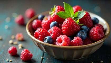 Close-up of assorted berries in a ceramic bowl, summer, healthy, raspberries