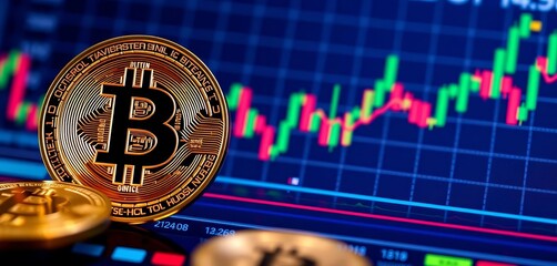 Close-up of Bitcoin, digital trading charts background, blockchain, money