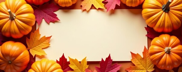 Fototapeta premium Close-up of blank card surrounded by colorful autumn leaves and pumpkins, greeting, seasonal, fall