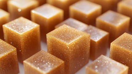 Detailed close-up view of rough-textured brown cane sugar cubes isolated on a pure white background