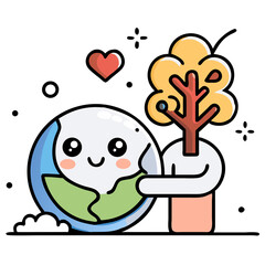 Cute Earth Character Hugging a Tree
