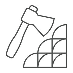 Axe and wooden timber stack thin line icon, forest industry concept. Vector graphics. Firewood crack tool, wood work sign on white background, outline style icon for mobile or web design.