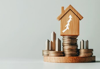 Wooden house on coins, symbolizing home investment
