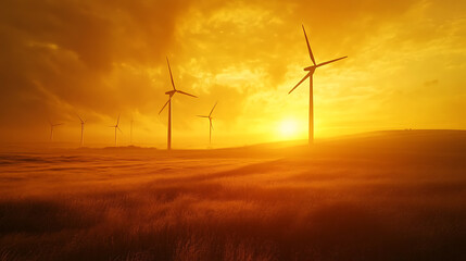 Obraz premium Harnessing solar energy and wind power for sustainable nature solutions clean air innovations at sunset landscape