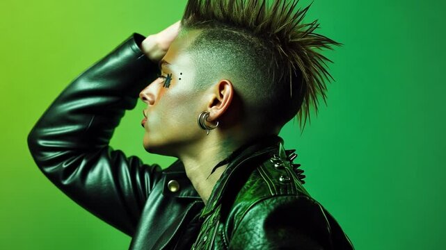 Rebellious Soul in Green: A portrait of a stylish individual with a bold mohawk hairstyle and edgy leather jacket, set against a vibrant green backdrop, capturing a unique punk aesthetic.