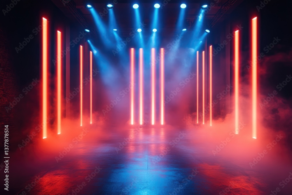 Poster red and blue lights illuminating empty stage with smoke