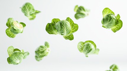 Obraz premium Floating Brussels Sprouts Suspended in Midair Against Pure White Background