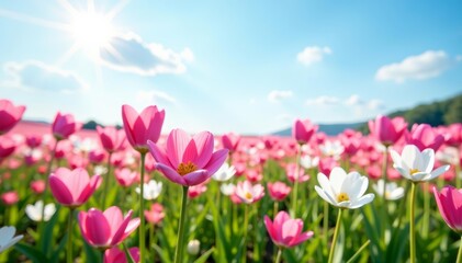 Field of blooming pink and white flowers under a sunny sky, colorful, floral, landscape