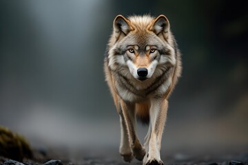 Obraz premium Gray wolf walking towards observer in misty forest