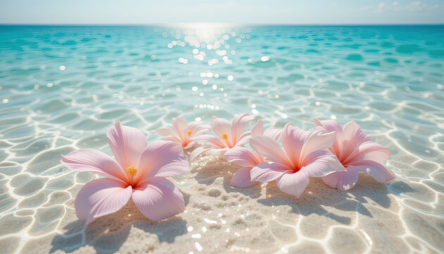 Pink tropical plumeria flowers on clear shallow sea water with sunlight reflections, white sand beach and turquoise ocean under bright sky, peaceful summer island background