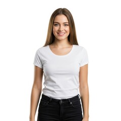 Fototapeta premium A pretty girl smiling standing wearing white t-shirt black jeans to create mockups templates
