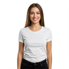 Fototapeta premium A pretty girl smiling standing wearing white t-shirt black jeans to create mockups templates