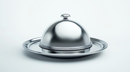 Fototapeta premium Refined silver food cloche featuring hovering stainless steel dome above coordinated silver plate