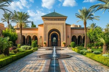 Fototapeta premium Moroccan palace with gardens and fountains displaying traditional architecture
