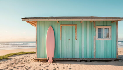 Tropical beach hut with pastel pink surfboard standing against turquoise wooden wall on sandy coast, peaceful ocean waves and blue sky in background, relaxing summer surf lifestyle scene