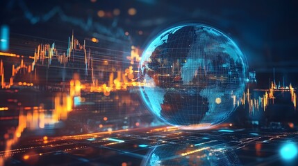 Global Financial Insights: A captivating representation of global finance, showcasing a transparent globe enveloped in a web of interconnected data streams and dynamic charts.