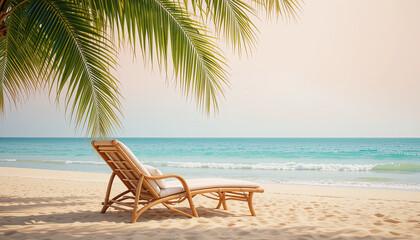 Obraz premium Tropical beach lounge chair under palm tree shade on soft sandy shore with turquoise sea and pastel sky, peaceful summer vacation scene perfect for relaxing coastal retreat and travel vibes