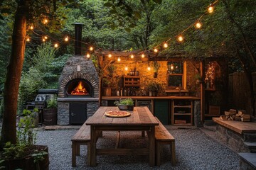 Outdoor kitchen with pizza oven and string lights illuminating backyard dining area