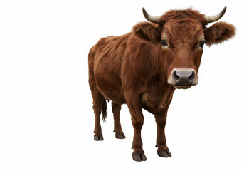 Brown bull with horns standing and looking with curiosity - isolated on white