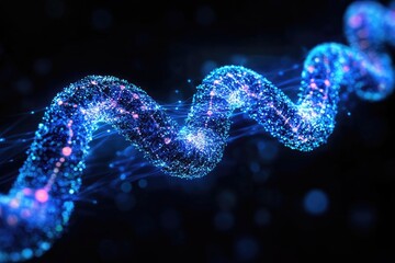 Glowing, blue, helix structure. Dots linked by faint lines on a black background