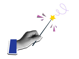 A hand holding a magic wand with star. Modern collage style. Illustration on transparent background