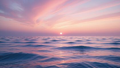 Obraz premium Colorful ocean sunset with gentle waves and pastel sky, peaceful seascape with soft light and dreamy atmosphere, tranquil tropical scene perfect for relaxation, meditation, and nature lovers