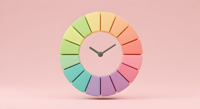 Colorful Pastel Clock with Rainbow Segments on a Soft Pink Background
