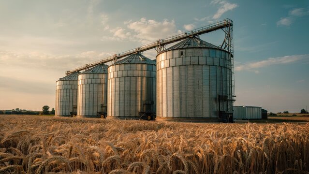 Modern grain silos in a wheat field under clear sky. Agricultural storage and farming concept.