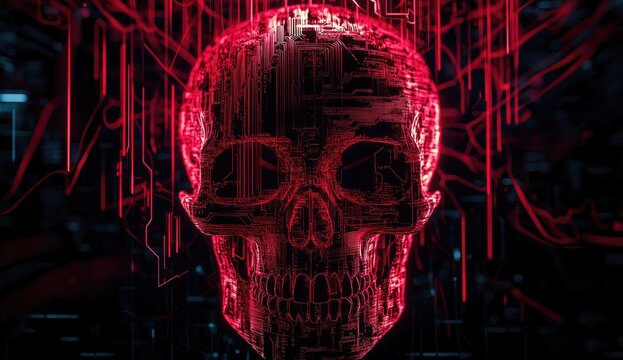 Digital skull, glowing red, circuit lines - Powered by Adobe