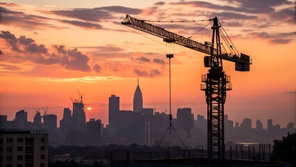 Construction Crane Silhouette Against Cityscape Skyline at Sunset