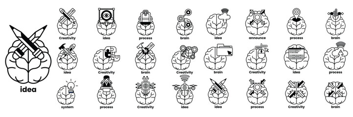 Set of illustrations in the concept of brain and things in line art style