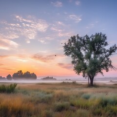 Obraz premium Serene Sunrise Over Misty Grassland With Lone Tree