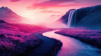 Fototapeta premium Waterfall sunset enchanting glow over illuminated meadow in dusk concept. A vibrant, dreamy landscape with a waterfall and winding river.