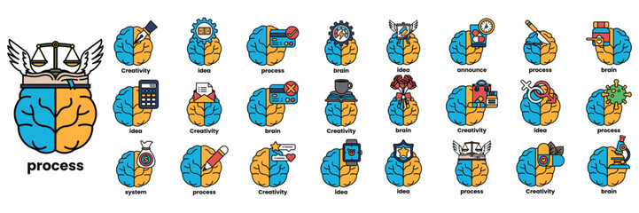 Set of illustrations in the concept of brain and things in line art style