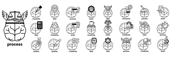 Set of illustrations in the concept of brain and things in line art style