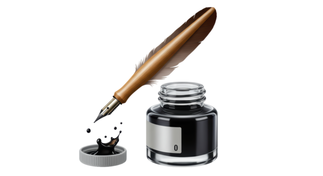 Isolated Quill Pen with Ink Bottle and Splatter