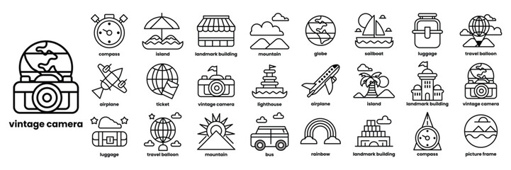 Set of illustrations in the concept of travel in line drawing style