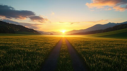 Fototapeta premium Golden hour sunset peace over tranquil meadow with misty silhouette concept. Breathtaking sunrise over a vast green field and distant mountains.